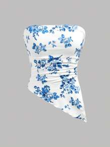 Girlism مجموعة بقطعتين للمراهقات تشمل: توب بخصر قصير مزين بطبعة زهور زرقاء وبيضاء مع كشكشة على الهيم غير متماثل، تنورة ميني متعددة الطبقات