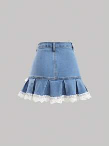 SHEIN Teen Girls' Spring Summer Y2K Casual Versatile Light Washed 2 Pcs Low Waist Denim Mini Skirt And Crop Top With Trim And Bowknot Detailed,Girls Summer Beach Boho Vacation Two Pieces Outfits,Summer Brunch Graduation Outfits,Summer Rave Concert Festival Streetwear Outfits - Light Wash - View 12