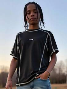 SHEIN Tween Boys Casual Short Sleeve T-Shirt, Sports Streetwear Punk Rock Preppy Style For Everyday, Parties, Music Festivals, Suitable For Spring/Summer - Black and White - View 4