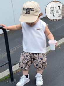 男婴涂鸦卡通印花无袖上衣和裤子套装 - 白色 - 查看 1