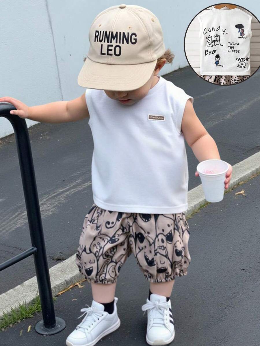 男婴涂鸦卡通印花无袖上衣和裤子套装 - 白色 - 查看 1