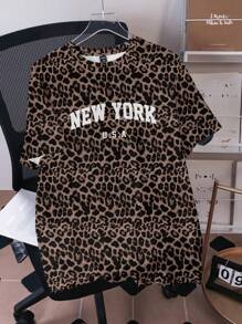 SHEIN Leap Crew Tween 女童休闲简约街头豹纹纽约图案短袖圆领 T 恤，适合夏季 - 彩色 - 查看 2