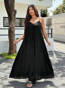 SHEIN EZwear Plus Size Sleeveless V-Neck Solid Color Dress, Summer Casual - Black - View 6