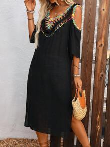 Breezaya Abito da donna con scollo aperto, dritto, con motivi a uncinetto traforati e patchwork, adatto per vacanza