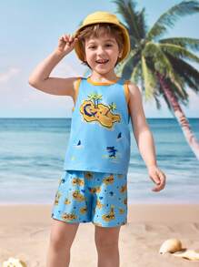 Shark Week X SHEIN Young Boy Summer Casual Vacation Shark Print Tank Top And Shorts Set - Multicolor - View 5