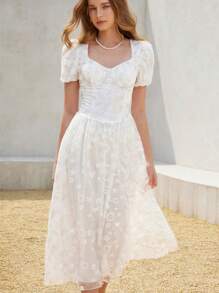 Aveloria Rosie 女士幻觉薄纱缀饰串珠刺绣泡泡袖喇叭形 A 字连衣裙 - 白色 - 查看 5