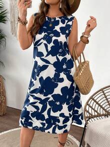 SHEIN VCAY 大码蓝白印花休闲连衣裙