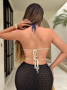 SHEIN SXY Áo len hở vai kẻ sọc khoét sâu cho kỳ nghỉ của phụ nữ - Nhiều màu - Xem 2