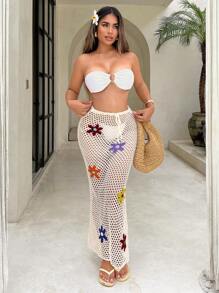 SHEIN SXY Floral Pattern With Drawstring Waist See-Through Sweater Skirt - Beige - View 4