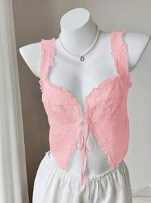 Comfortcana Pink Woven Ladies Tie Front Sweet Casual Summer Tank Top - Pink - View 8