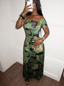 Women's Camouflage Off-Shoulder Dress - Army Green - View 4