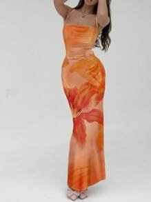 Aloruh فستان ماكسي للنساء ذو رقبة رخوة وظهر مفتوح وأشرطة متقاطعة مناسب للصيف والعطلات، بطبعة أزهار الخبرى البرتقالية الأنيقة، طبعة أزهار هاواي