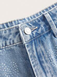 SHEIN Essnce Casual Rhinestone Embellished Denim Shorts, Summer Fashion - Light Wash - View 4