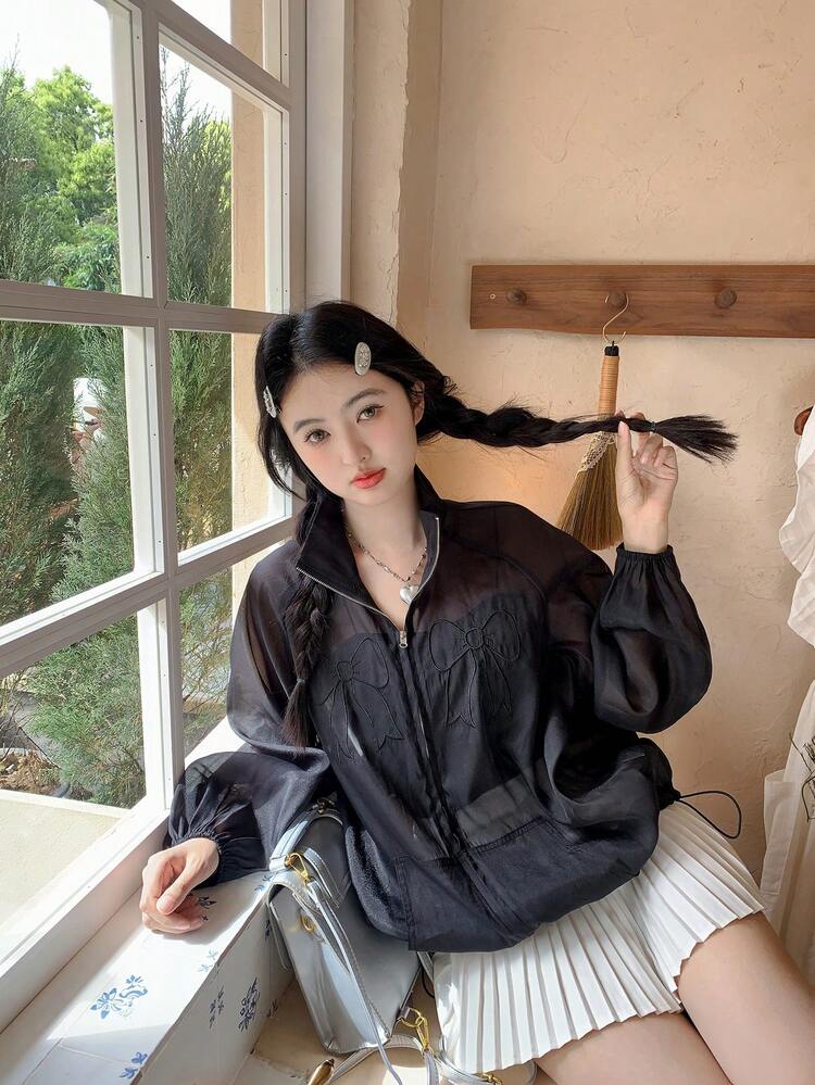 Women's Sheer Casual Bowknot Long Sleeve Blouse