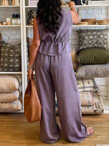 INAWLY 1 Set Plus Size Women Solid Color Tie-Waist Sleeveless Shirt And Pants - Purple - View 2