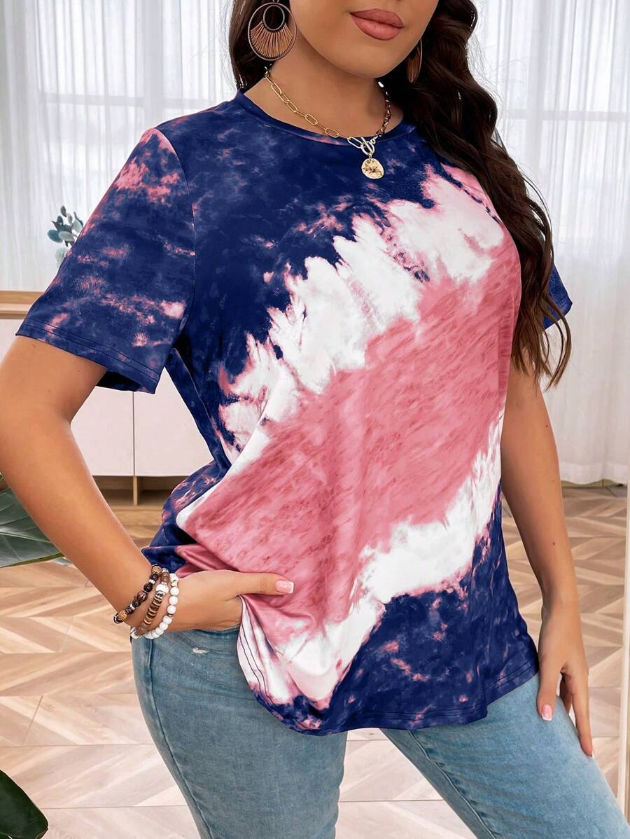 SHEIN LUNE Plus Tie Dye Tee Graphic Tees Women Tops - Multicolor - View 1