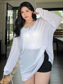 Dazy Plus Semi-Opened Collar Loose Fit Long Sleeve White Vacation T-Shirt, Spring/Summer/Autumn Women Clothing Summer Outfits