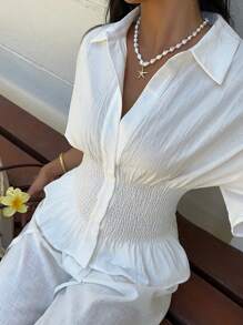 Muchica Camisa informal de mujer de manga de murciélago blanca con cintura fruncida, verano