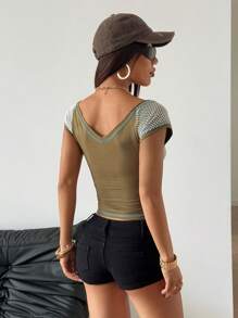 StreetHx Women's Slim Fit Fishnet Patchwork Graphic T-Shirt, Stylish Summer - Army Green - View 2