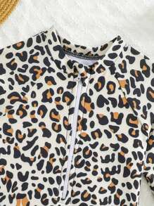 SHEIN Infant/Baby Girl Cute Leopard  Print Ruffled One-Piece Swimsuit, Suitable For Beach Holiday - Multicolor - View 3