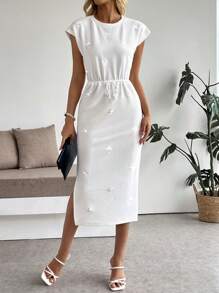 Breezaya 女式水晶装饰圆领短袖优雅迷你连衣裙 - 白色 - 查看 5