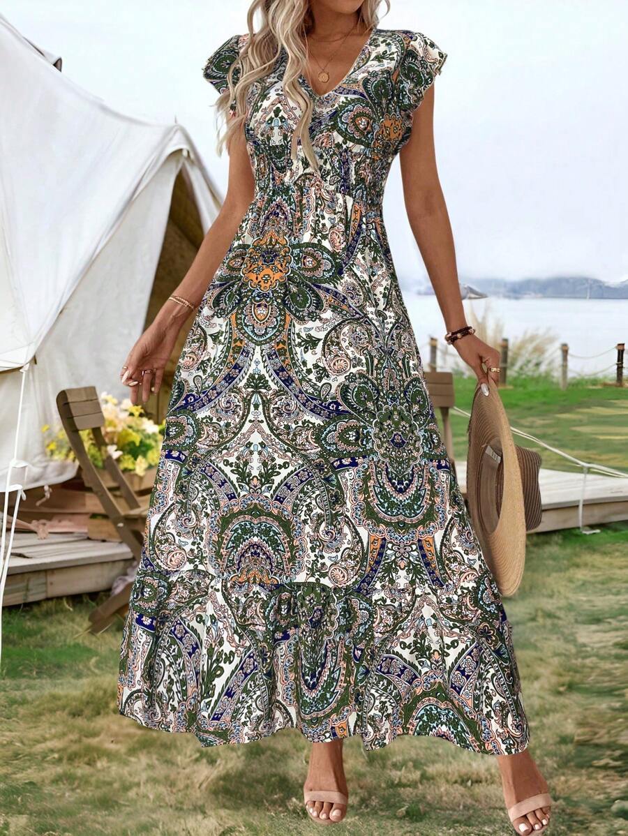 SHEIN LUNE Váy nữ họa tiết Paisley, eo cao, viền thấp, dây rút, thích hợp cho kỳ nghỉ/nghỉ dưỡng, trang phục lễ hội rave xuân/hè - trắng - Xem 1