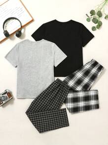 SHEIN 青少年男孩 4 件套简约图案印花圆领短袖 T 恤和格子图案宽松休闲睡裤 - 黑色 - 查看 2
