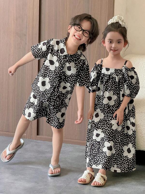SHEIN Genkimix Kids 2pcs Boy's Allover Print Woven Shirt With Open Chest Design + Loose Shorts Set
