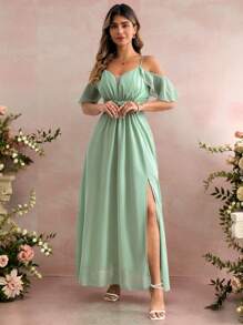 SHEIN Clasi Plus Size Women Long Ruffle Sleeve Split Hem Dress - Green - View 7