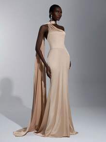 Elitara Champagne Spring Elegant Dinner Evening Satin Mermaid Skirt Dress, Backless Lace-Up Slim-Fitting Khaki Bridesmaid Wedding Guest Party Vacation - Khaki - View 2