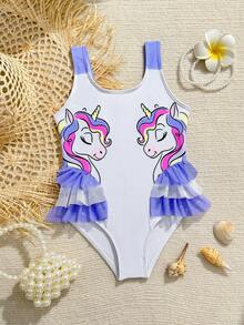 SHEIN Kleine Mädchen Einteiler Badeanzug mit Rüschen und Einhorn Muster, Strandresort