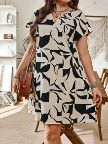 SHEIN LUNE 大码女式波西米亚风夏季几何图案休闲度假A型日常女式连衣裙 - 黑色 - 查看 3