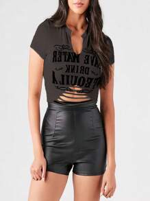 INAWLY Women Street Style Ripped Slogan Print Short Sleeve T-Shirt, Summer - Brown - View 5