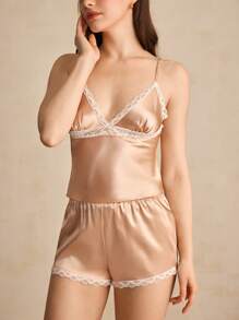 Charlaine French Sexy Lace And Satin Slip Lingerie Set - Champagne - View 4