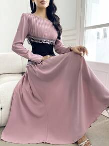 Modelyn Women's Lace Contrast Color Patchwork Long Sleeve Dress - Pink - View 1