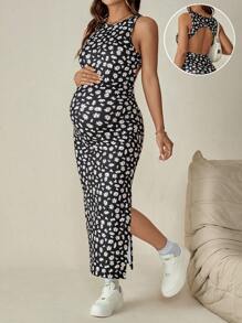 SHEIN Maternity Summer Sexy Ditsy Floral Pattern Side Slit Backless Bodycon Dress - Red - View 1