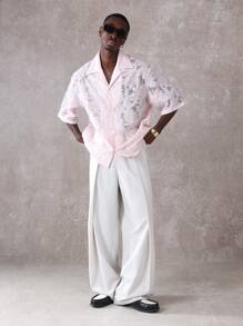 Áo sơ mi khu nghỉ dưỡng cổ Organza Burnout Luxury vừa vặn với kỳ nghỉ hè, tiệc bãi biển, phòng chờ, thiết kế cài nút tay ngắn - Màu Hồng  San hô - Xem 6