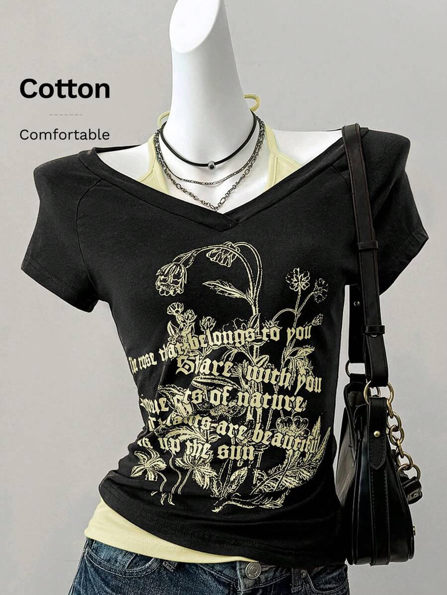 SHEIN EZwear Summer Graphic Tees Western Wear Women Black And Yellow Splicing - Black - View 1