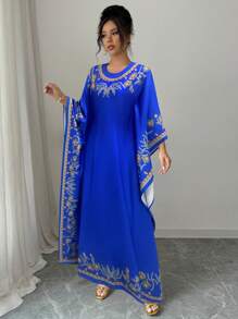 Elenzga Round Neck Ruched Waist Elegant Floral Print Long Dress For Women - Blue - View 3
