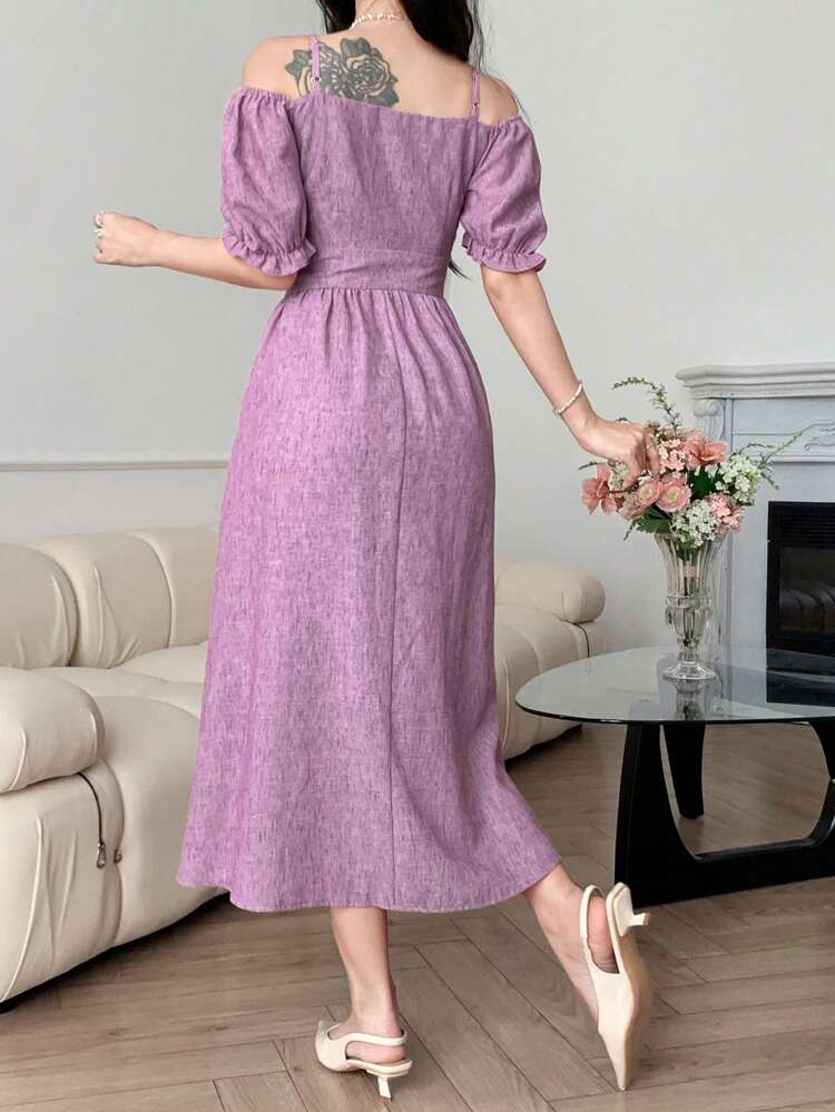 Women's V-Neck Puff Sleeve Hollow Shoulder Waist Cinched Dress, Purple, Casual Women Dress