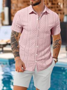 OTTIMOZO 男士纯色纹理短袖休闲度假衬衫 - 粉色 - 查看 3
