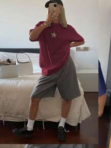 DAZY 纯色宽松圆领长款短袖女式 T 恤夏季 - 酒紅色 - 查看 3