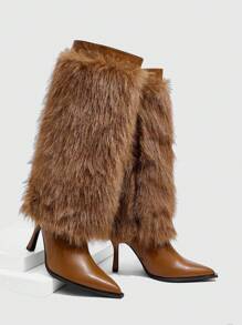 CUCCOO SZL Sexy Fashion Brown Furry Decor Pointed Toe Slim High Heel Glamorous Sexy Party Event Side Zipper Women Knee High Boots - Brown - View 2