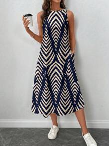 SHEIN LUNE 女士休闲几何条纹印花中长连衣裙，适合春夏季