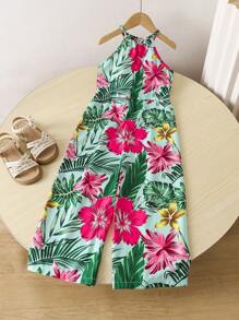 SHEIN Colorful Resort Active Tropical Floral Sleeveless Romper & Pants Set For Young Girl, Suitable For Summer Beach Vacation - Green - View 2