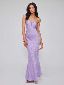 Roylia 女士时尚优雅性感提花缎面露背连衣裙，修身晚礼服，春夏 - 紫色 - 查看 6