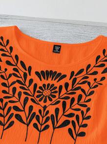 Linhara Blusa casual holgada con estampado de flores bordado en la parte delantera para mujer de talla grande, ideal para vacaciones - Naranja - Ver 5