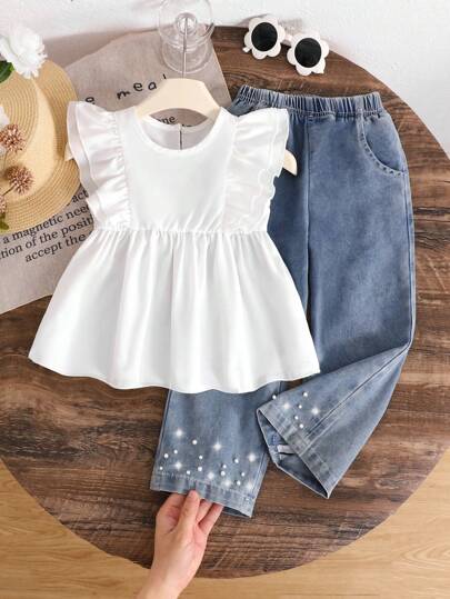 SHEIN 2pcs/Set Girls' Cute Simple Casual Ruffle Sleeveless Blouse And Fashion Studded Denim Pants Set