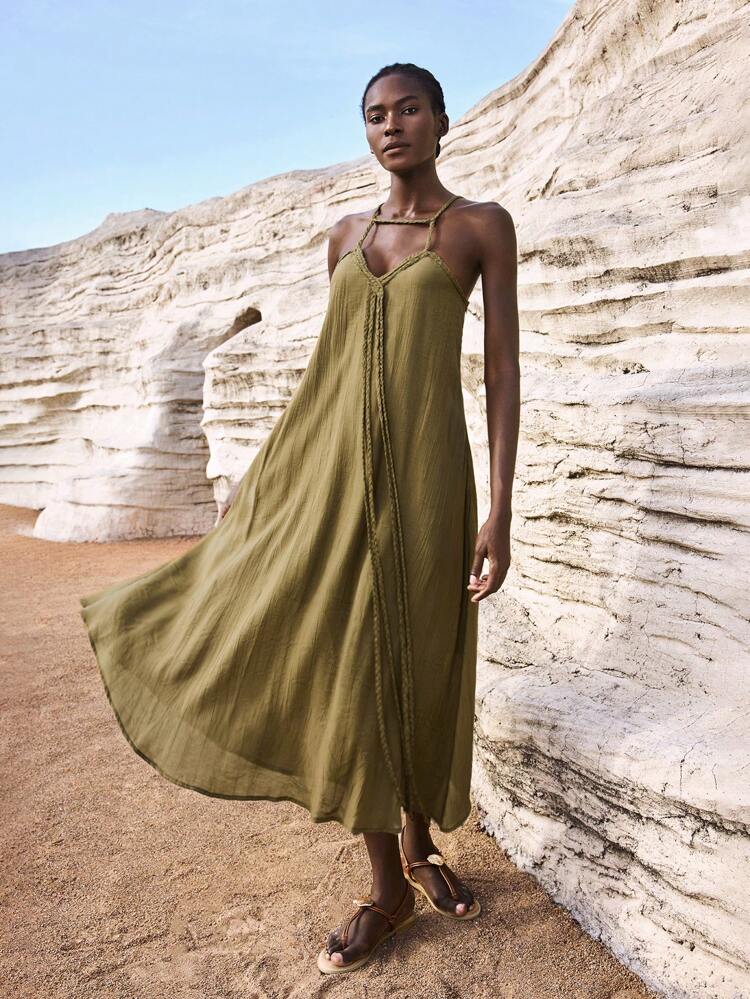 SHEIN Maija Outfit Deas For Dress,Women Solid Color Loose Casual Long Strap Dress,Vacation Outfits,Vacation Outfits Women,Summer Holiday Outfits ,Beach Vacation Outfits For Women Beach Summer Holiday Beach Vacation Summer Going Out Graduation  Casual Holiday Beach Cruise Travel  Romantic, Fashion, Versatile; Suitable For Summer Vacation, Comfortable, Bohemian Style, Beach Wear, Simple Daily Wear, Country Style, Essential, Solid Color, Holiday Casual, Decent, Single Lady,Y2k