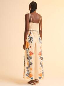 CAJUNI Women's Vacation Casual Summer Boho Tropical Colorful Floral Print Beige Wide Leg Jumpsuit - Multicolor - View 3